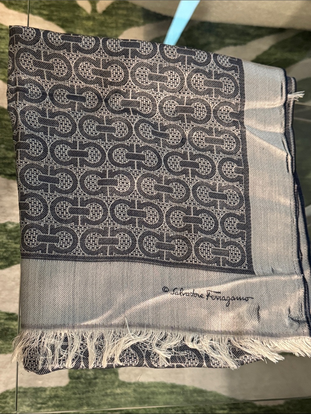Salvatore Ferragamo Navy and Light Blue Signature Jacquard Scarf